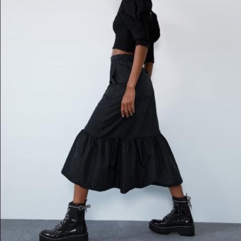 ZARA Black Taffeta Formal Ruffle Hem Midi Skirt NWT